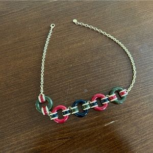 Talbots red, navy, green and gold short statement necklace